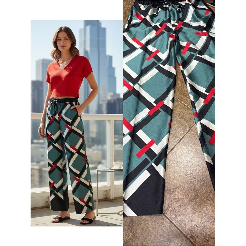 Zara Satin Wide Leg Printed Pants XS Geometric Drawstring Pockets